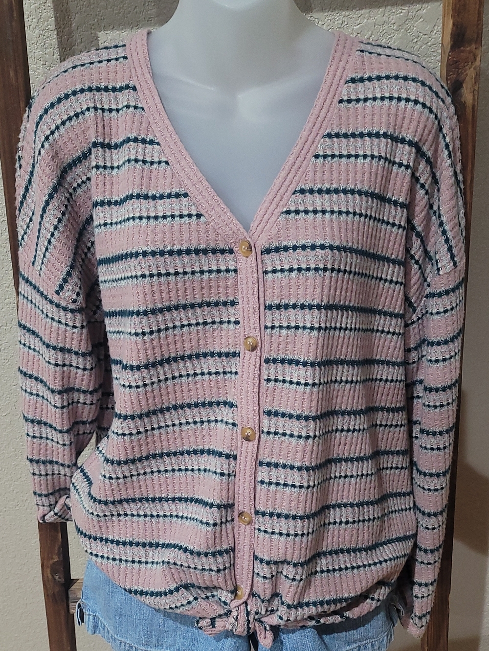 Pink Rose Pink and Navy Striped V-Neck Button Cardigan